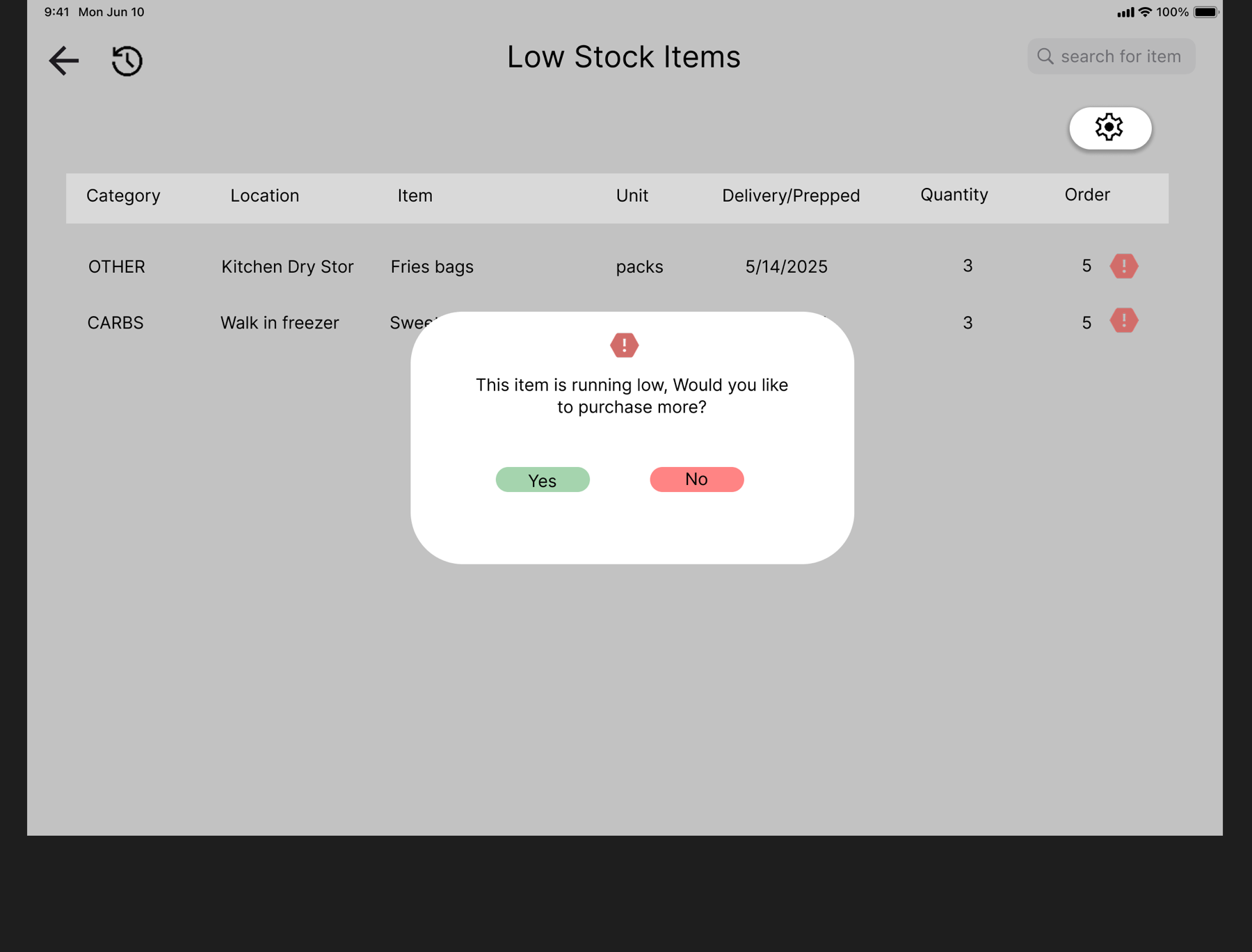 Low-stock list with item names, storage locations, quantities, order amounts, and a replenishment confirmation dialog.